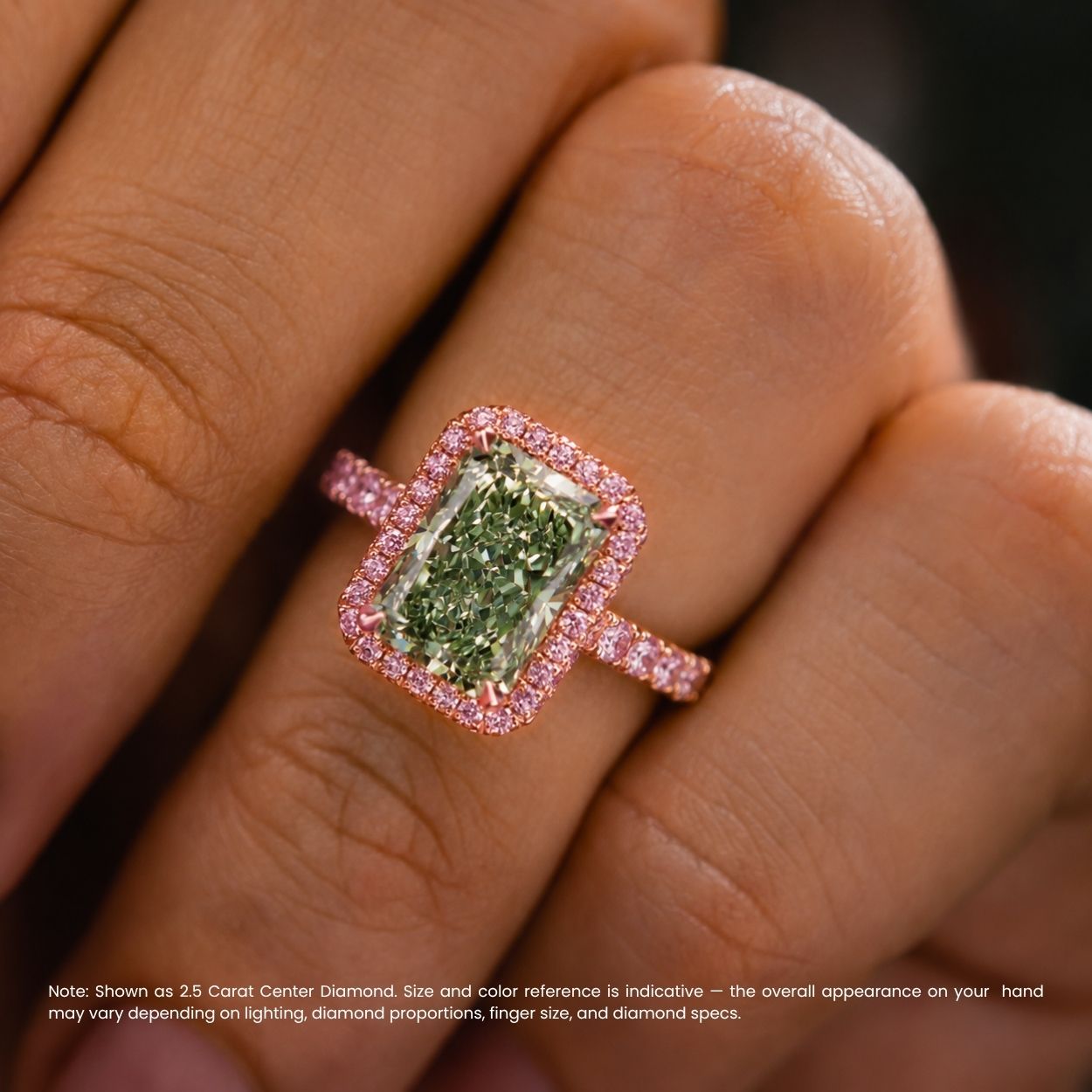 Halo Pave (Pink Side Diamonds) Fancy Green Radiant Lab Grown Diamond Ring in White Gold 18K