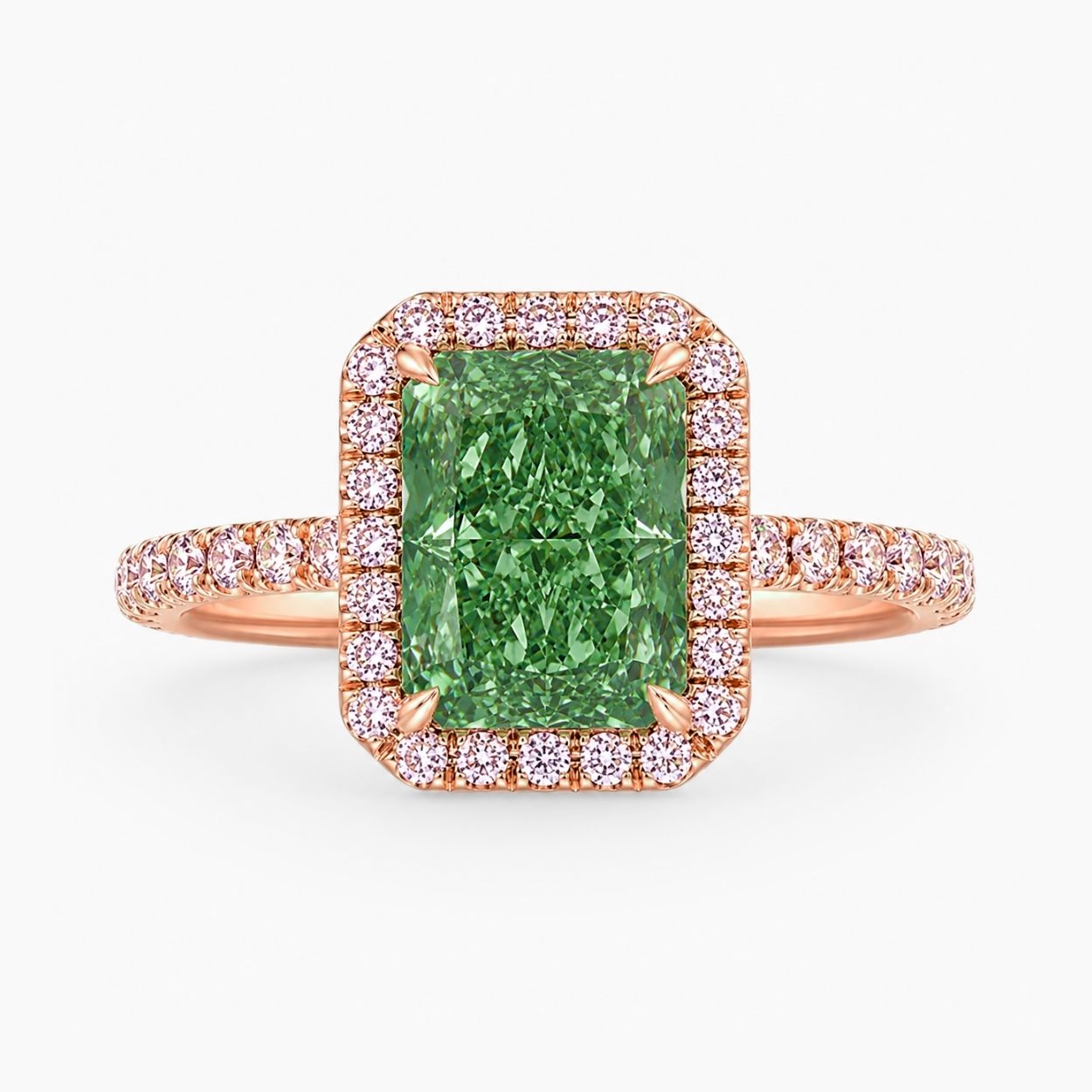 Halo Pave (Pink Side Diamonds) Fancy Green Radiant Lab Grown Diamond Ring in White Gold 18K