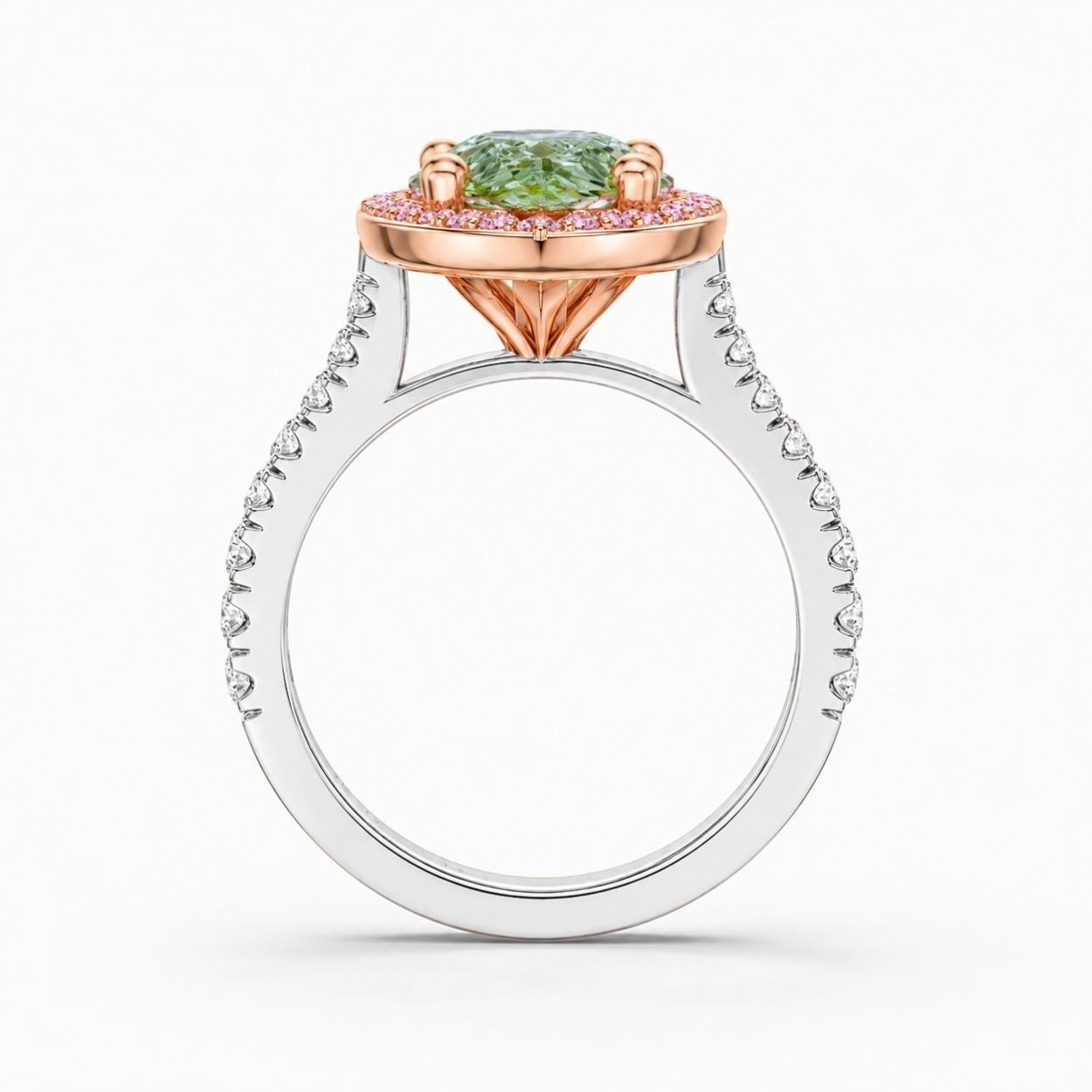 Halo Pave (Pink & White Side Diamonds) Fancy Green Pear Lab Grown Diamond Ring in White Gold 18K