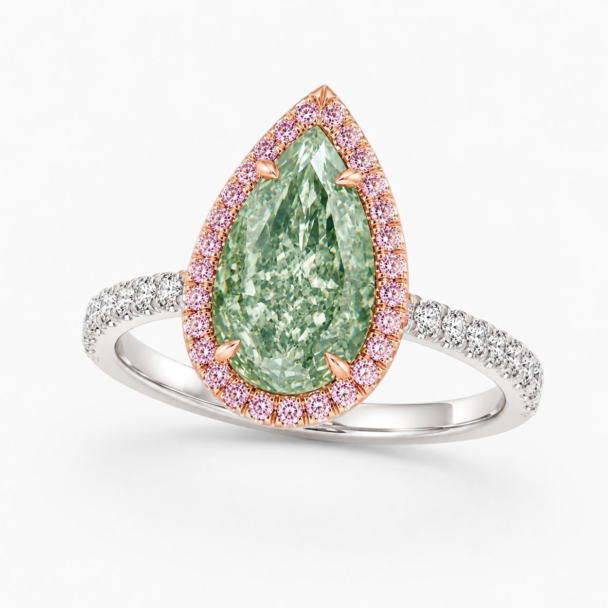 Halo Pave (Pink & White Side Diamonds) Fancy Green Pear Lab Grown Diamond Ring in White Gold 18K