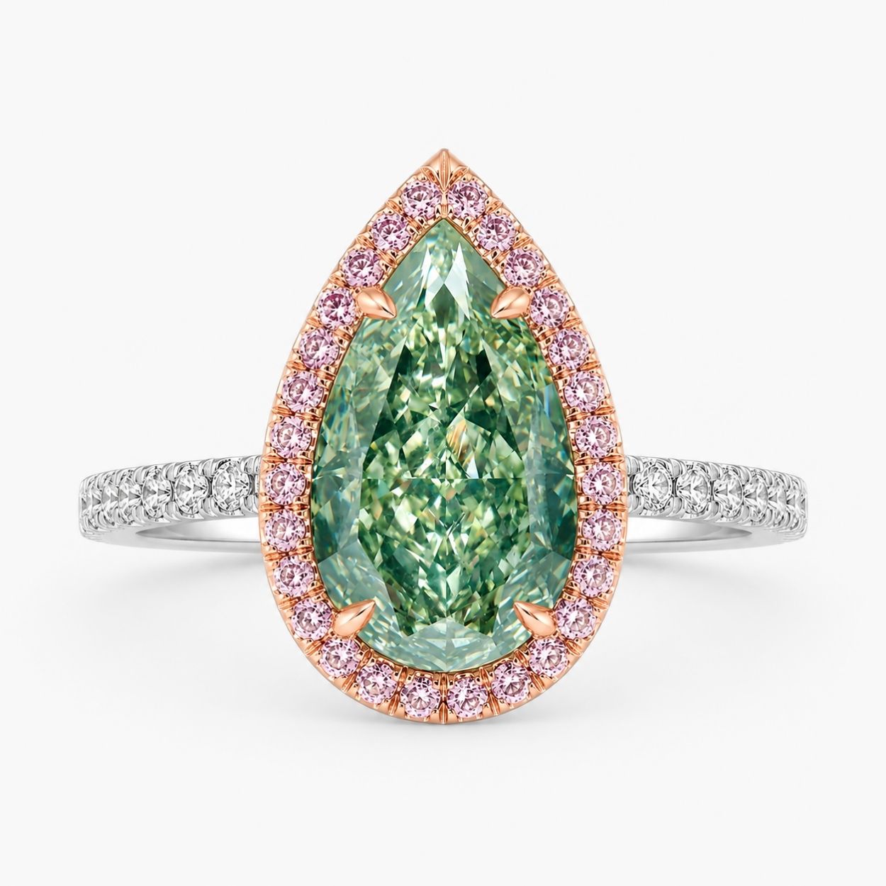 Halo Pave (Pink & White Side Diamonds) Fancy Green Pear Lab Grown Diamond Ring in White Gold 18K