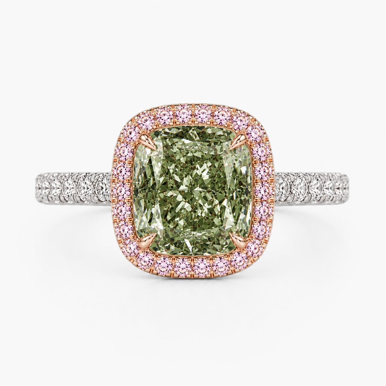 Halo Pave Fancy Green Cushion Lab Grown Diamond Ring in White Gold 18K