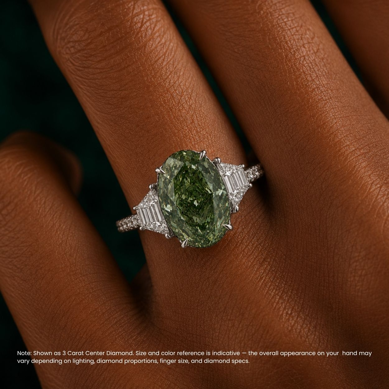 Ingrid Trilogy (Trapezoid Side Diamonds) Fancy Green Oval Lab Grown Diamond Engagement Ring in White Gold 18K