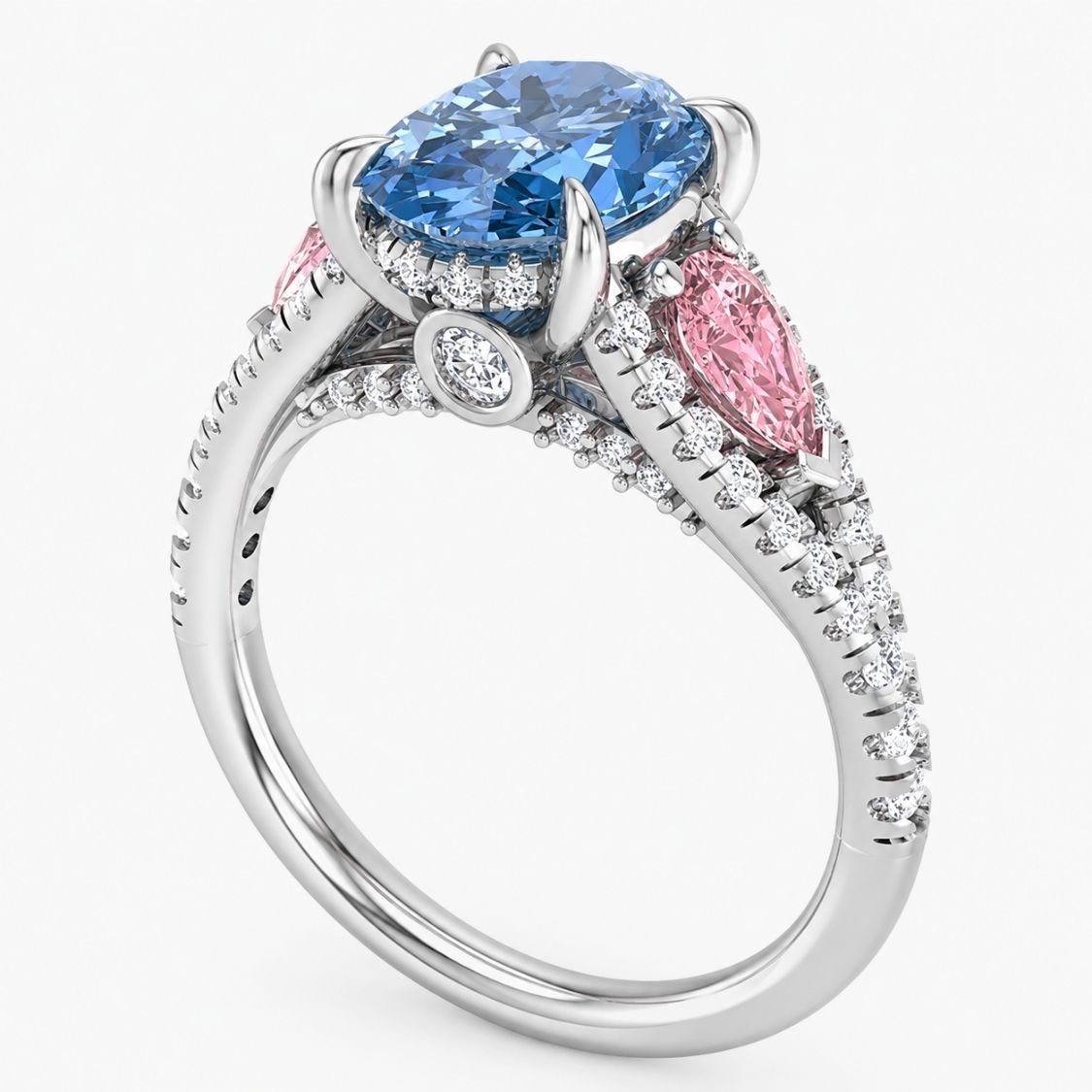 Anastasia Accents (Pink Side Diamonds) Fancy Blue Oval Lab Grown Diamond Engagement Ring in White Gold 18K