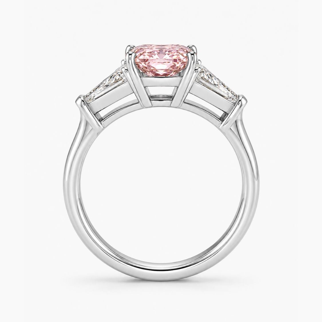 Trilogy (Baguette Side Diamonds) Fancy Pink Cushion Lab Grown Diamond Engagement Ring in White Gold 18K