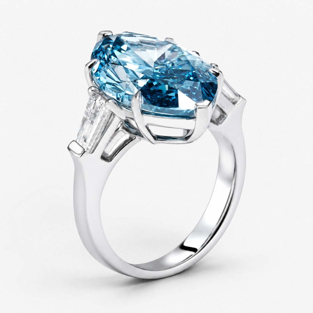 Trilogy (Baguette Side Diamonds) Fancy Blue Marquise Lab Grown Diamond Ring in White Gold 18K