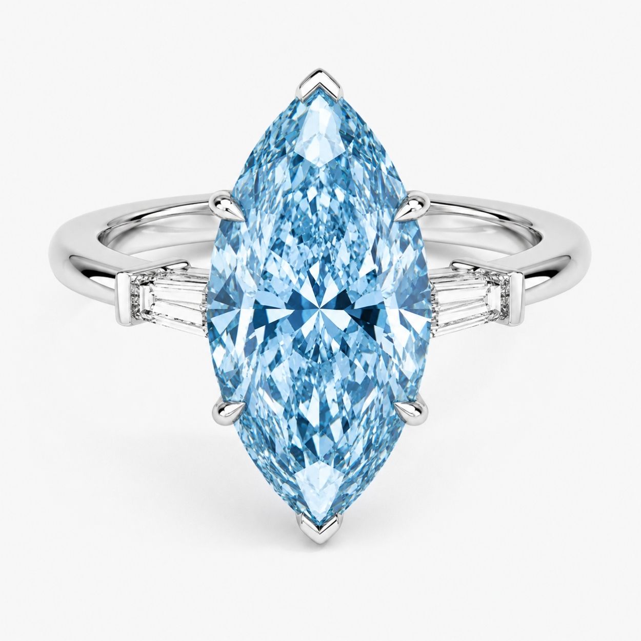 Trilogy (Baguette Side Diamonds) Fancy Blue Marquise Lab Grown Diamond Ring in White Gold 18K
