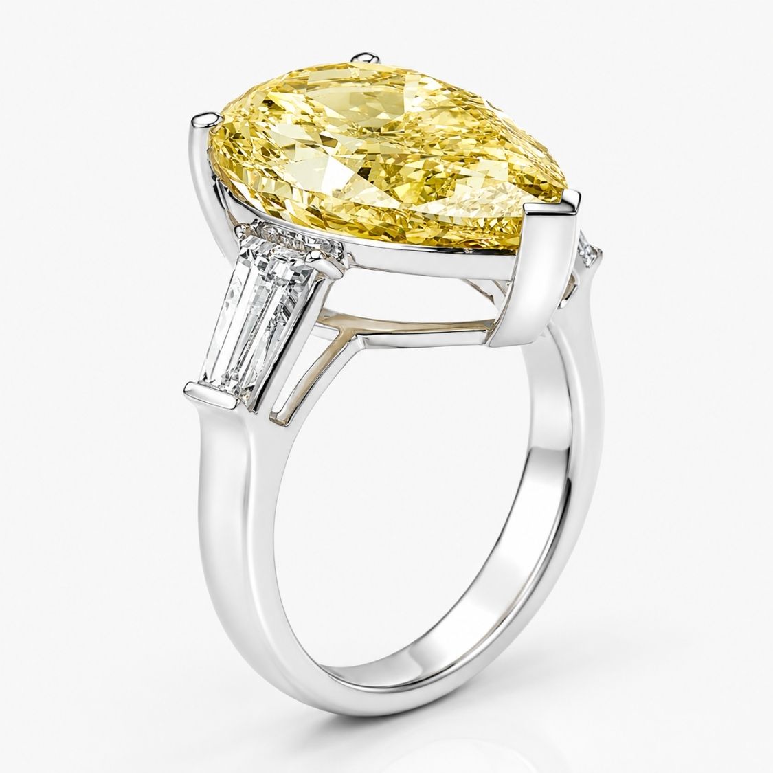 Trilogy (Baguette Side Diamonds) Fancy Yellow Pear Lab Grown Diamond Ring in White Gold 18K
