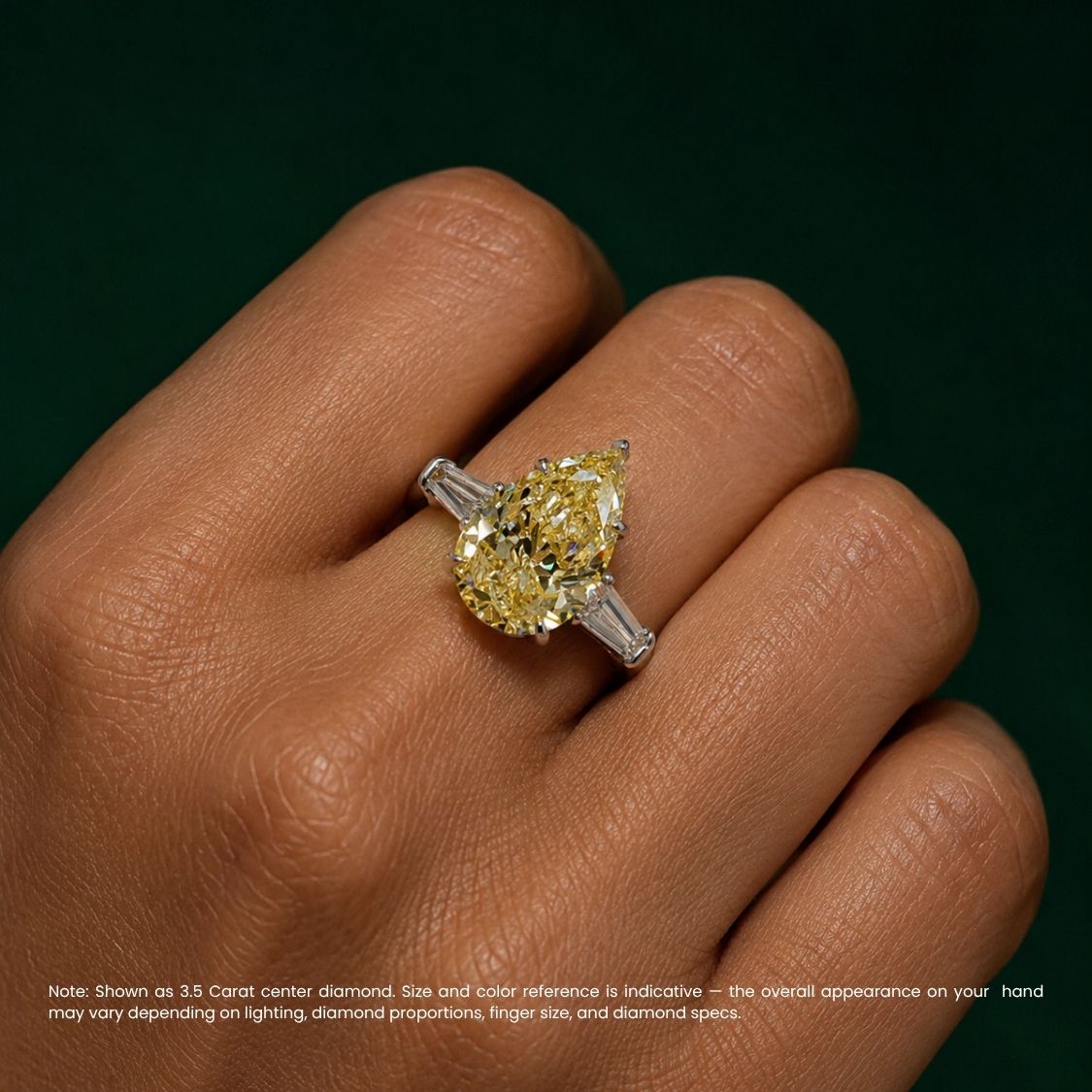 Trilogy (Baguette Side Diamonds) Fancy Yellow Pear Lab Grown Diamond Ring in White Gold 18K