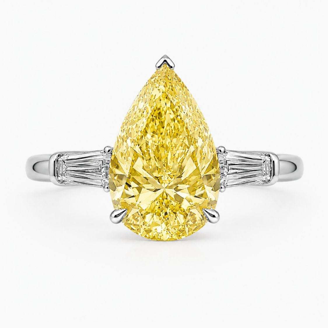 Trilogy (Baguette Side Diamonds) Fancy Yellow Pear Lab Grown Diamond Ring in White Gold 18K