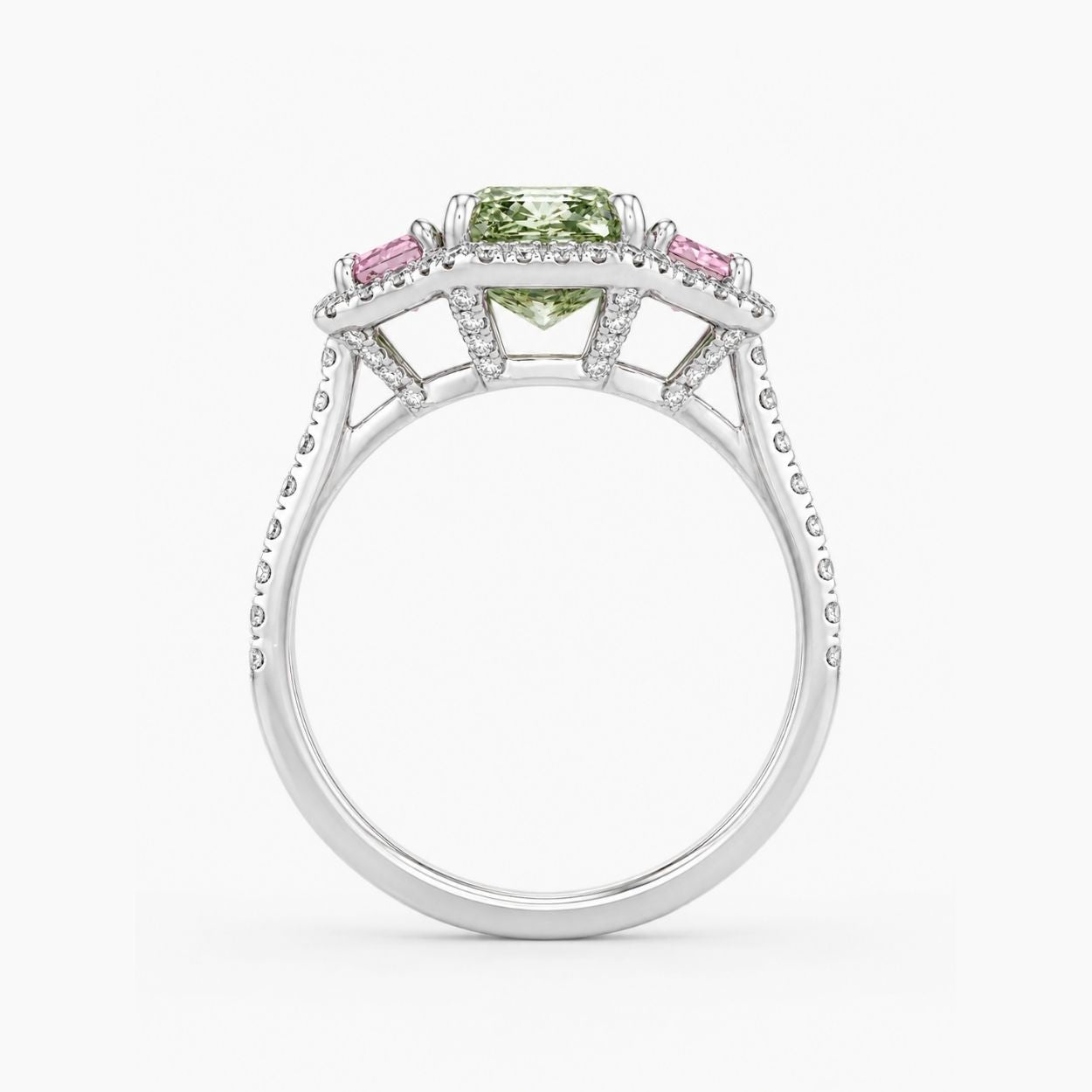 Artemis Halo Pave Accents (White and Pink Radiant Side Diamonds) Fancy Green Cushion Lab Diamond Ring in White Gold 18K