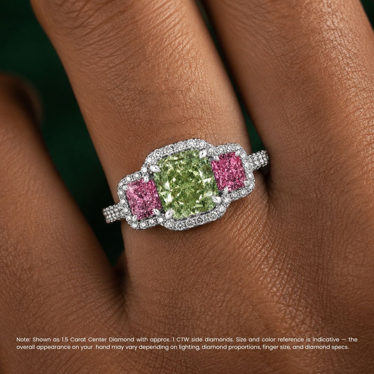 Artemis Halo Pave Accents (White and Pink Radiant Side Diamonds) Fancy Green Cushion Lab Diamond Ring in White Gold 18K