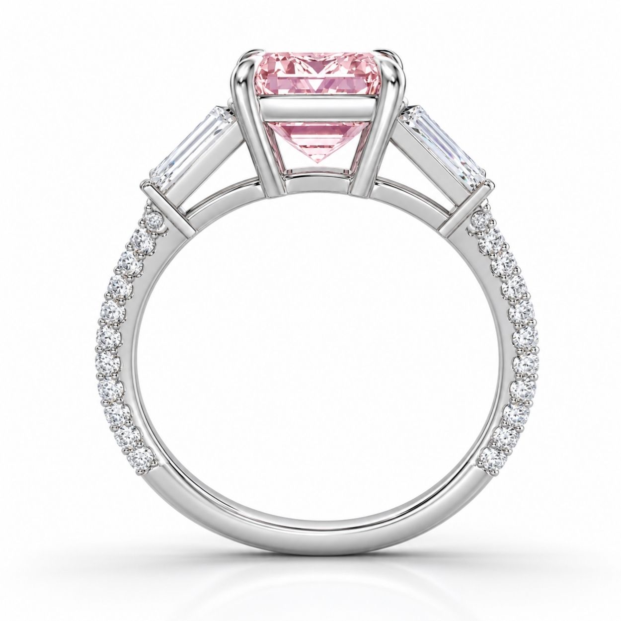 Phoebe Trilogy Fancy Pink Emerald (Baguette Side Diamonds) Lab Diamond Ring in White Gold 18K