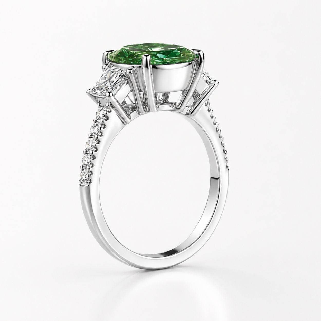 Lorina Trilogy (Trapezoid Side Diamonds) Fancy Green Radiant Lab Grown Diamond Engagement Ring in White Gold 18K