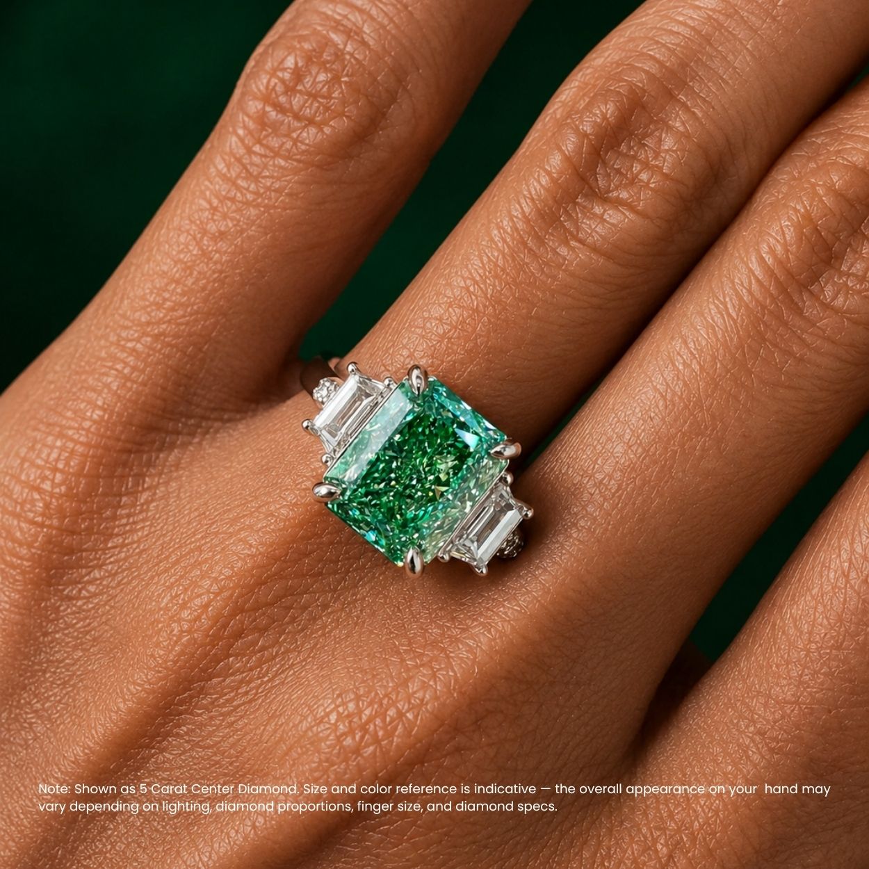 Lorina Trilogy (Trapezoid Side Diamonds) Fancy Green Radiant Lab Grown Diamond Engagement Ring in White Gold 18K