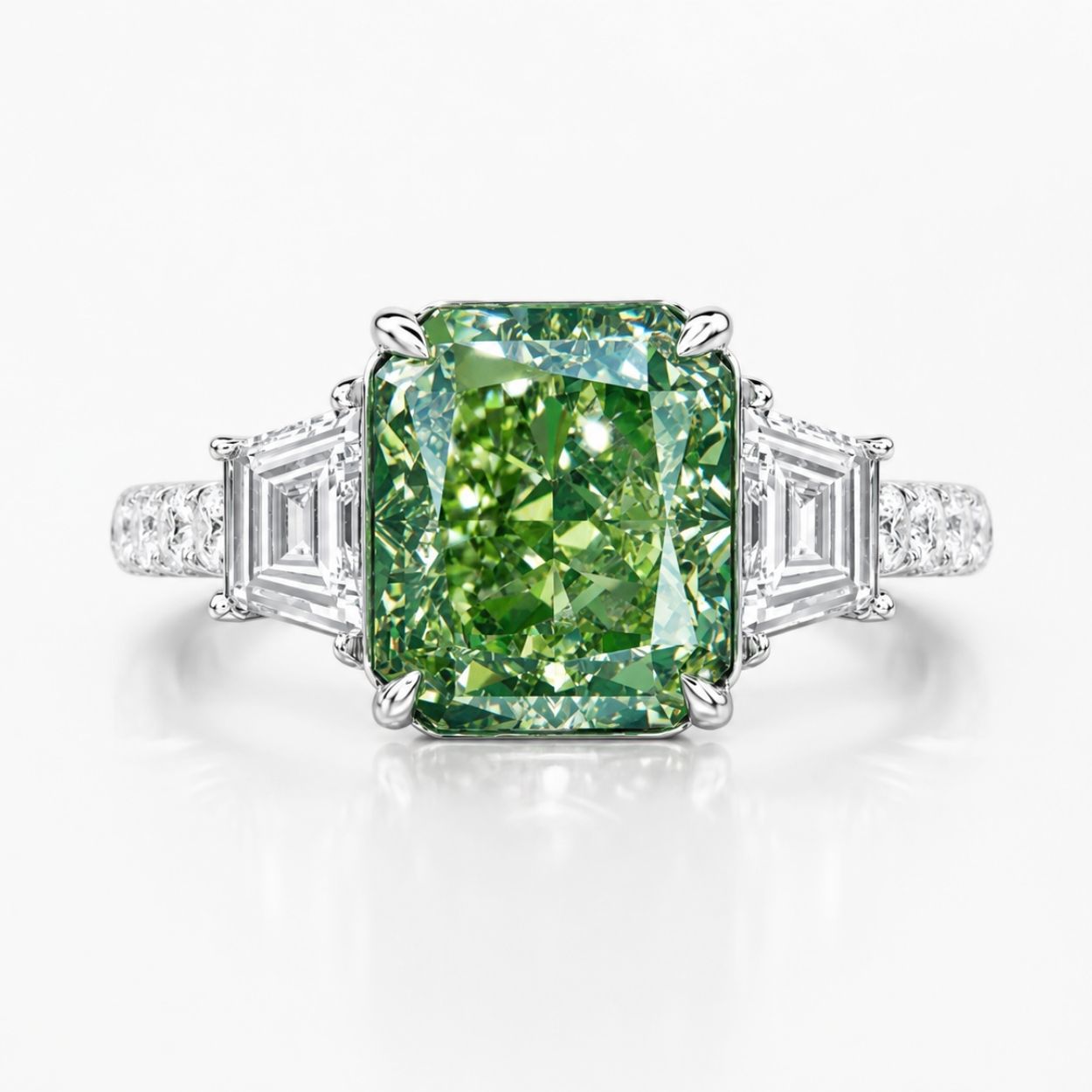 Lorina Trilogy (Trapezoid Side Diamonds) Fancy Green Radiant Lab Grown Diamond Engagement Ring in White Gold 18K