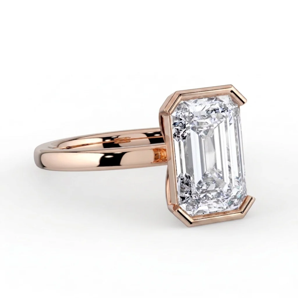 Half Bezel Lab Grown Diamond Engagement Ring in 18K Gold - Emerald