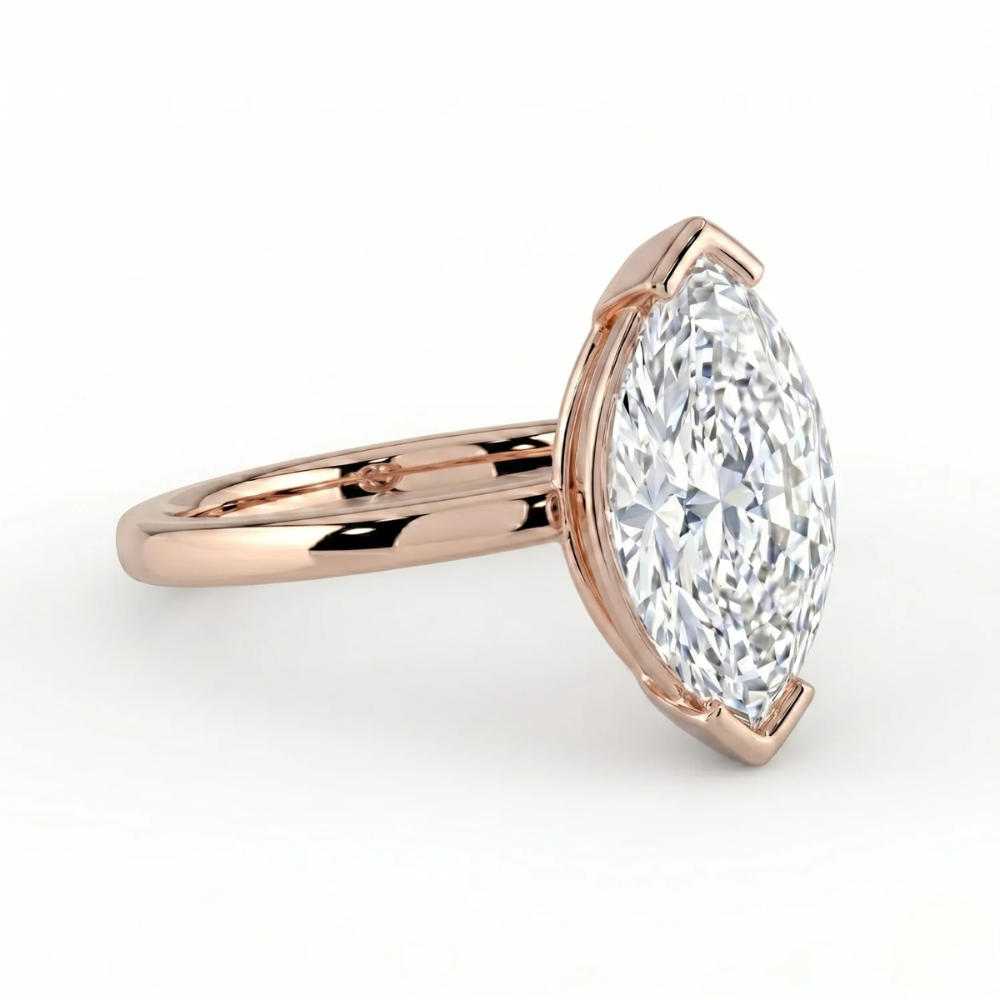Half Bezel Lab Grown Diamond Engagement Ring in 18K Gold - Marquise