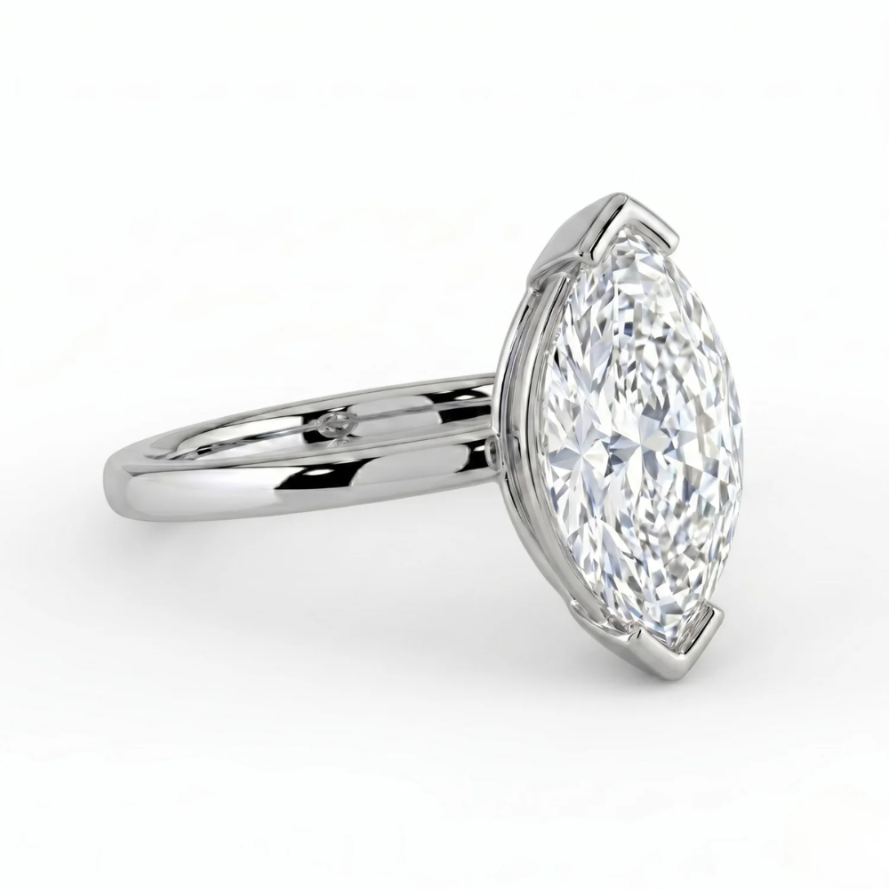 Half Bezel Lab Grown Diamond Engagement Ring in 18K Gold - Marquise