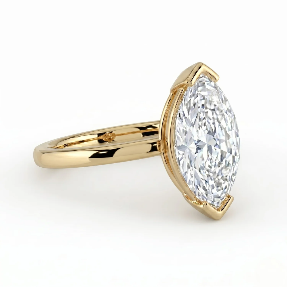 Half Bezel Lab Grown Diamond Engagement Ring in 18K Gold - Marquise