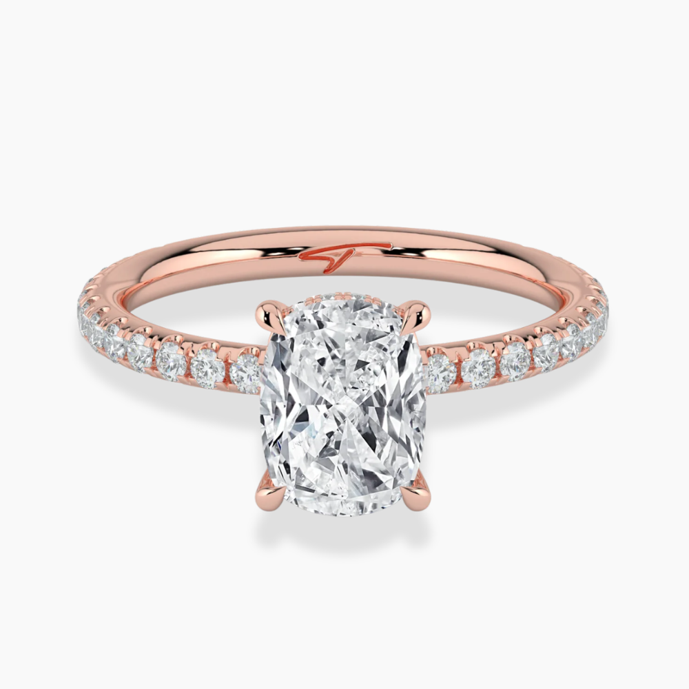 Pave Hidden Halo Lab Diamond Engagement Ring in 18K Gold - Elongated Cushion