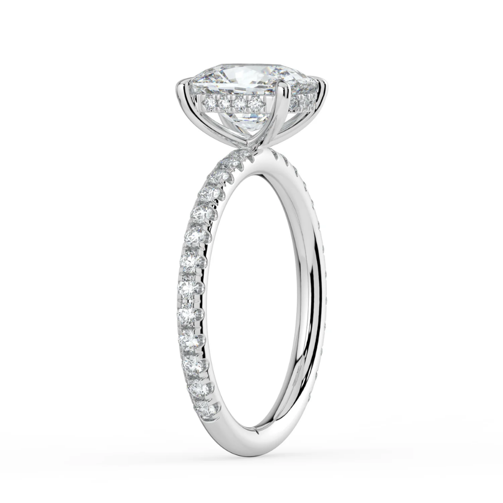 Pave Hidden Halo Lab Diamond Engagement Ring in 18K Gold - Elongated Cushion