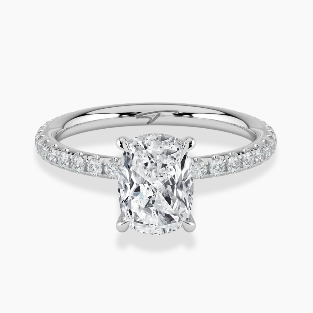 Pave Hidden Halo Lab Diamond Engagement Ring in 18K Gold - Elongated Cushion