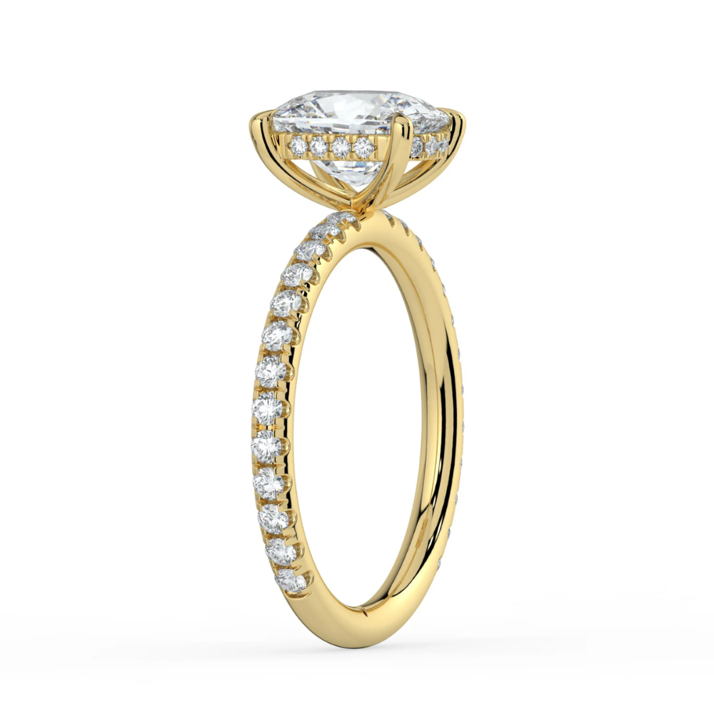 Pave Hidden Halo Lab Diamond Engagement Ring in 18K Gold - Elongated Cushion