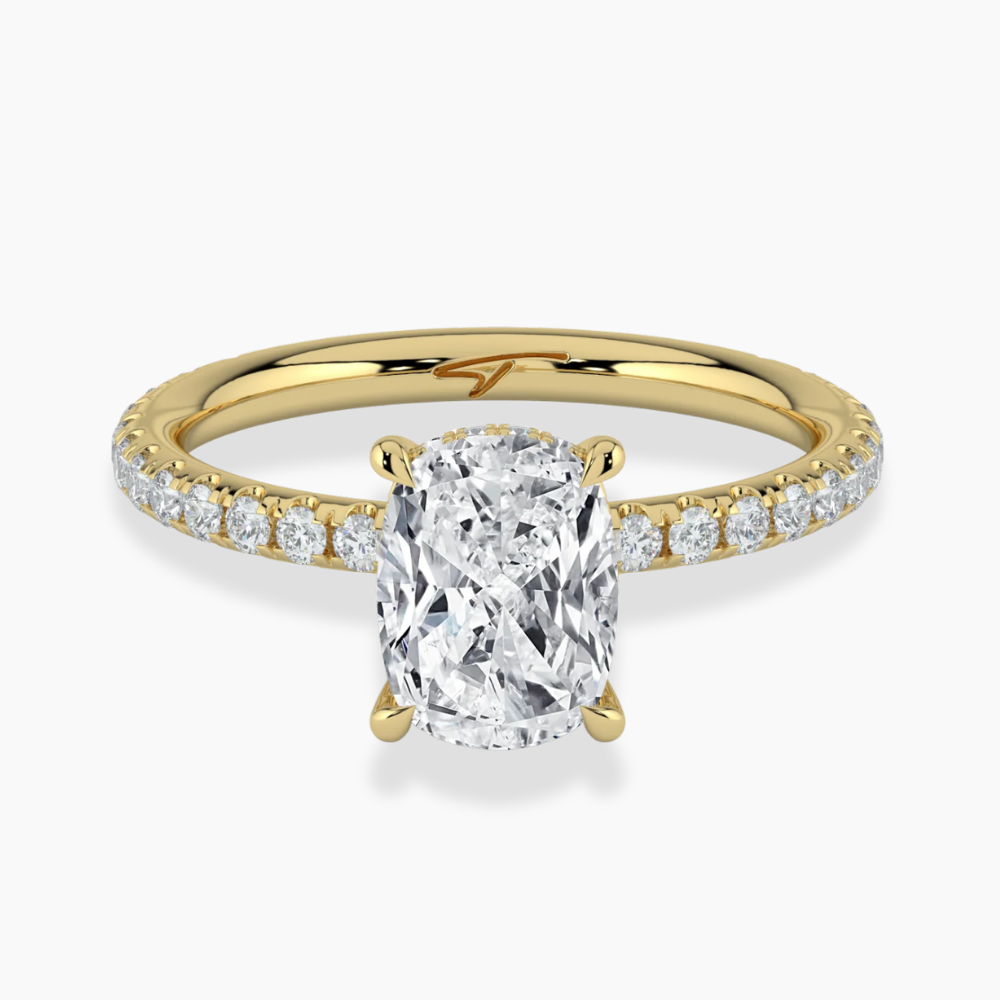 Pave Hidden Halo Lab Diamond Engagement Ring in 18K Gold - Elongated Cushion