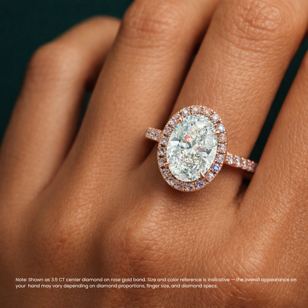 Halo Fancy Pink Pave Oval Lab Diamond Ring in Rose Gold 18K