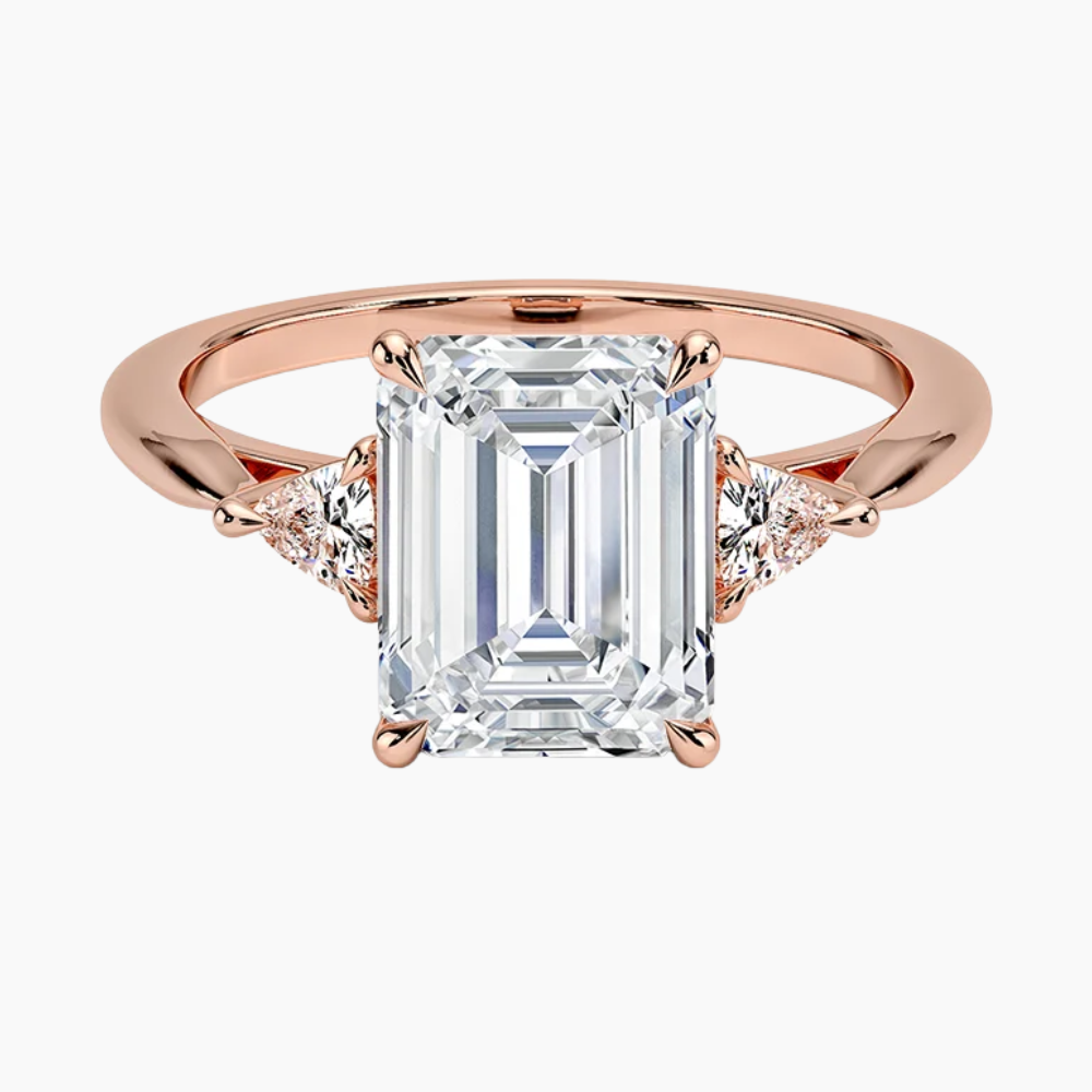Trilogy (Trilliant Side Stones) Lab Diamond Engagement Ring in 18K Gold - Radiant Emerald