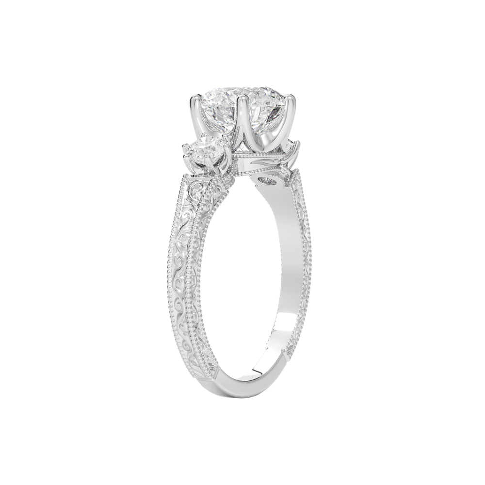 Trilogy (Round Side Stones) Vintage Lab Diamond Engagement Ring in 18K Gold - Round