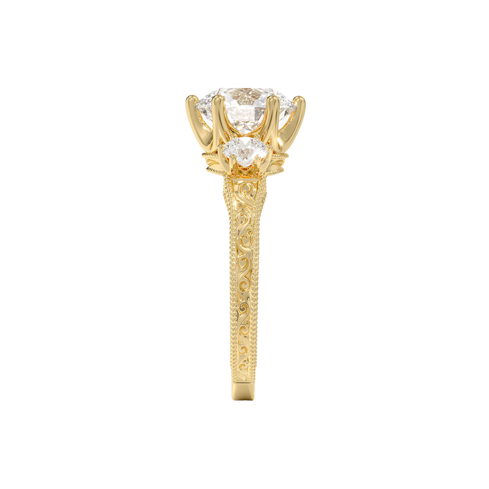 Trilogy (Round Side Stones) Vintage Lab Diamond Engagement Ring in 18K Gold - Round