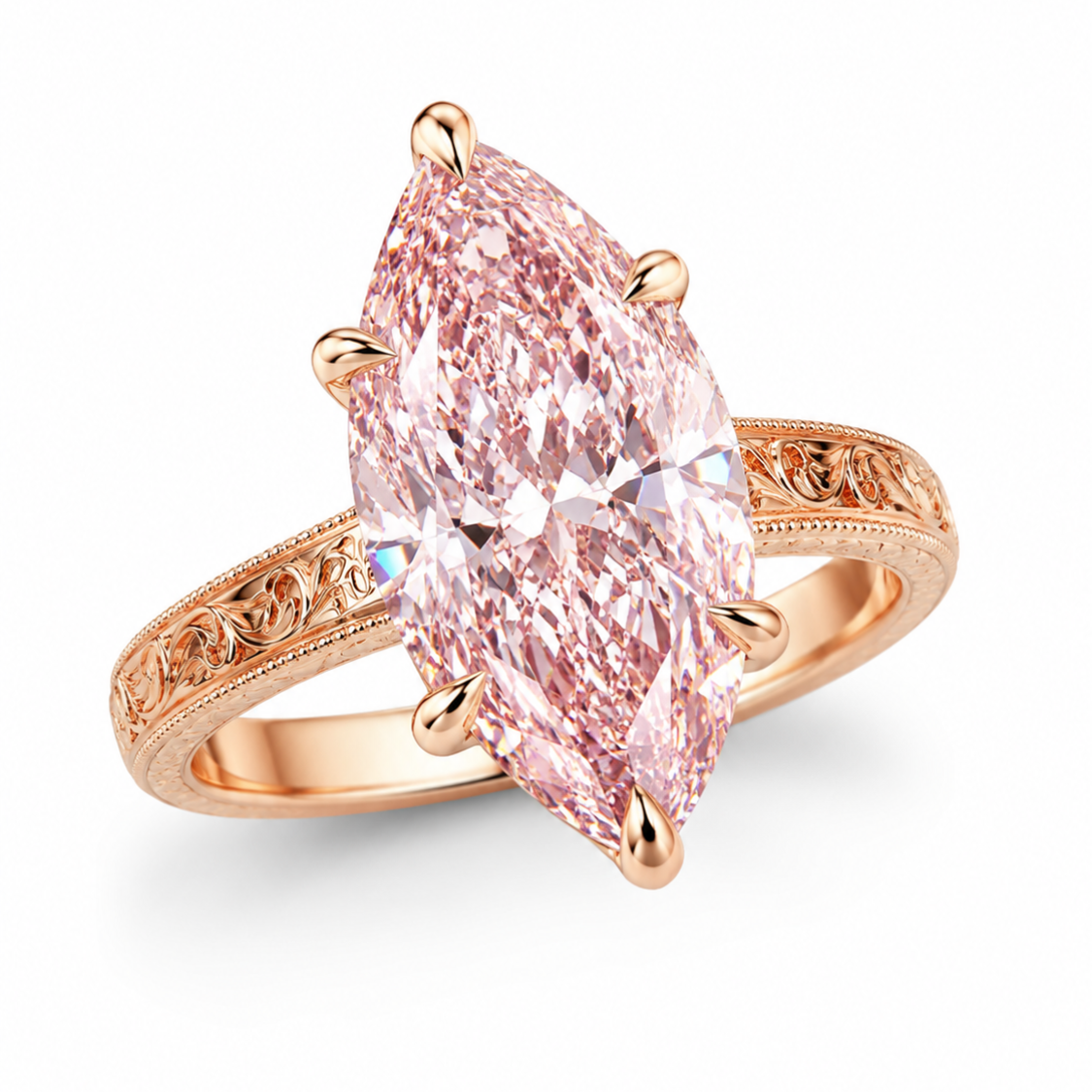 Seraphina Accents Fancy Pink Marquise Lab Diamond Ring on a Vintage Engraved Band in 18K Gold