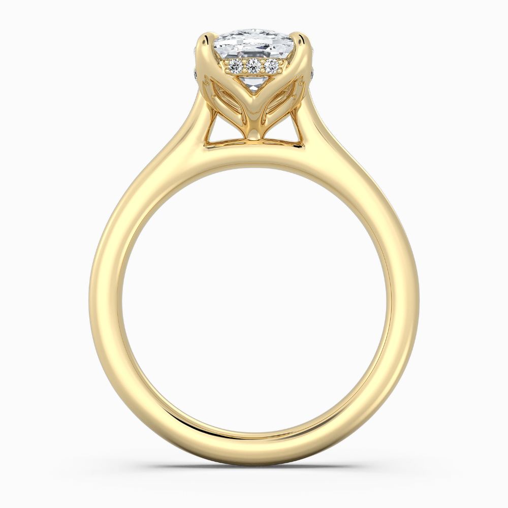 Solitaire Tulip Petals Hidden Halo Cathedral Bridge Lab Grown Diamond Engagement Ring in 18K Gold – Cushion