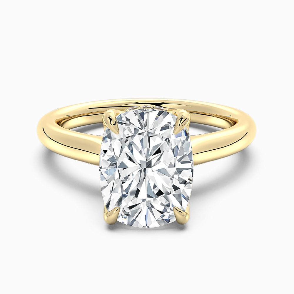 Solitaire Tulip Petals Hidden Halo Cathedral Bridge Lab Grown Diamond Engagement Ring in 18K Gold – Cushion