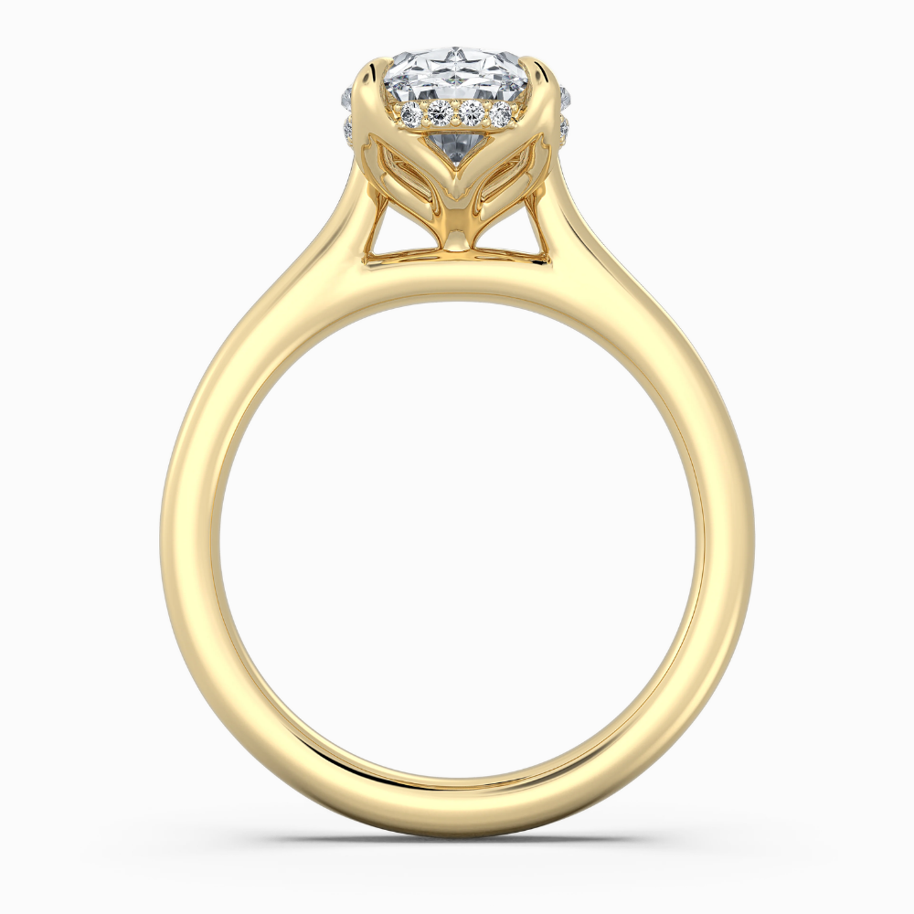 Solitaire Tulip Petals Hidden Halo Cathedral Bridge Lab Grown Diamond Engagement Ring in 18K Gold – Oval