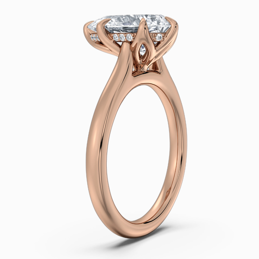 Solitaire Tulip Petals Hidden Halo Cathedral Bridge Lab Grown Diamond Engagement Ring in 18K Gold – Pear
