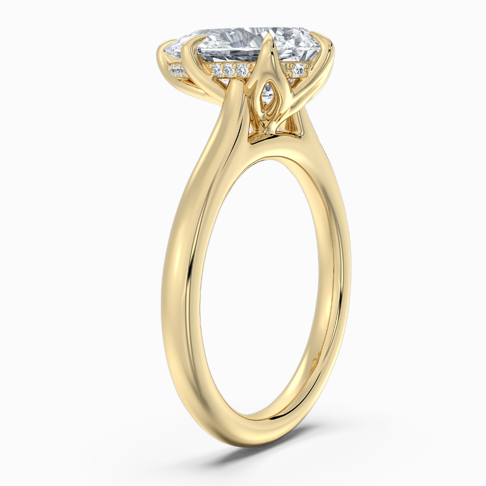 Solitaire Tulip Petals Hidden Halo Cathedral Bridge Lab Grown Diamond Engagement Ring in 18K Gold – Pear
