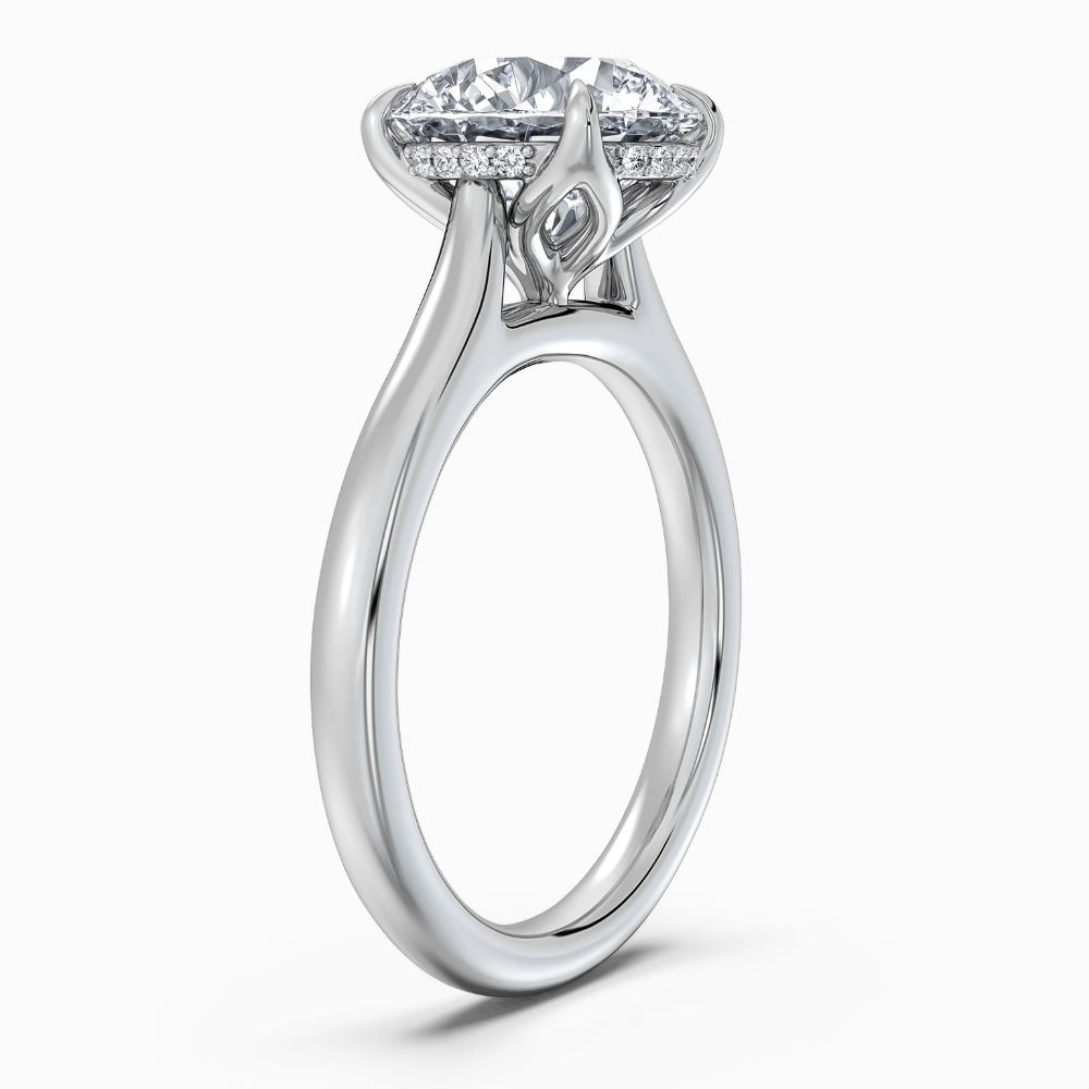 Solitaire Tulip Petals Hidden Halo Cathedral Bridge Lab Grown Diamond Engagement Ring in 18K Gold – Round