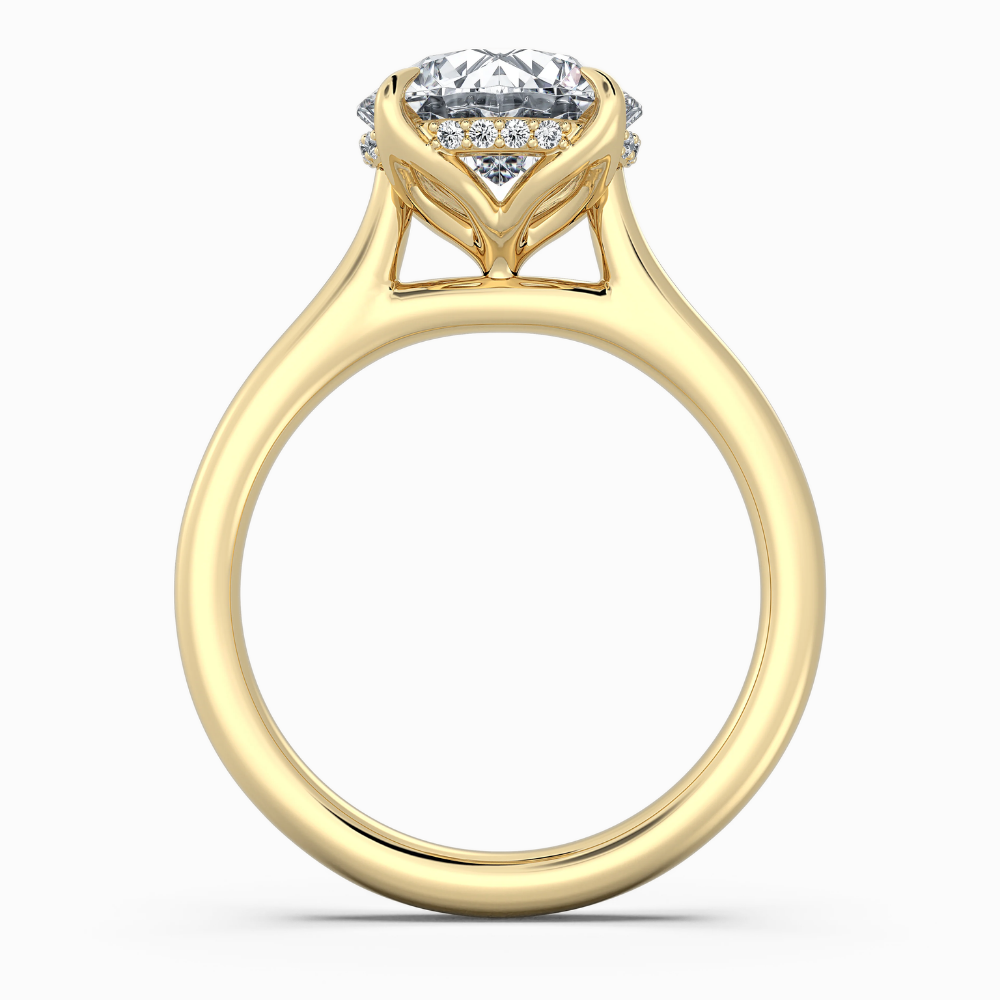 Solitaire Tulip Petals Hidden Halo Cathedral Bridge Lab Grown Diamond Engagement Ring in 18K Gold – Round