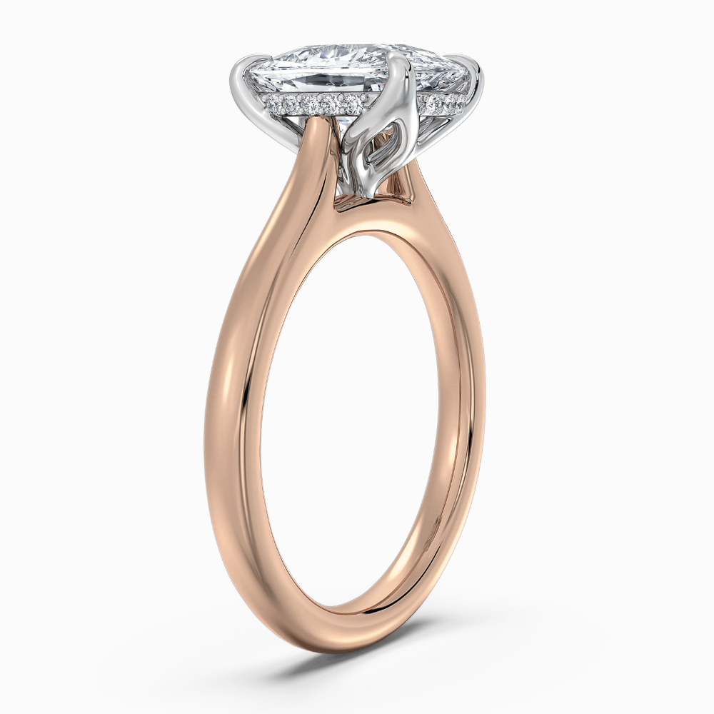 Solitaire Two Tone Tulip Petals Hidden Halo Cathedral Bridge Lab Grown Diamond Engagement Ring in 18K Gold – Cushion