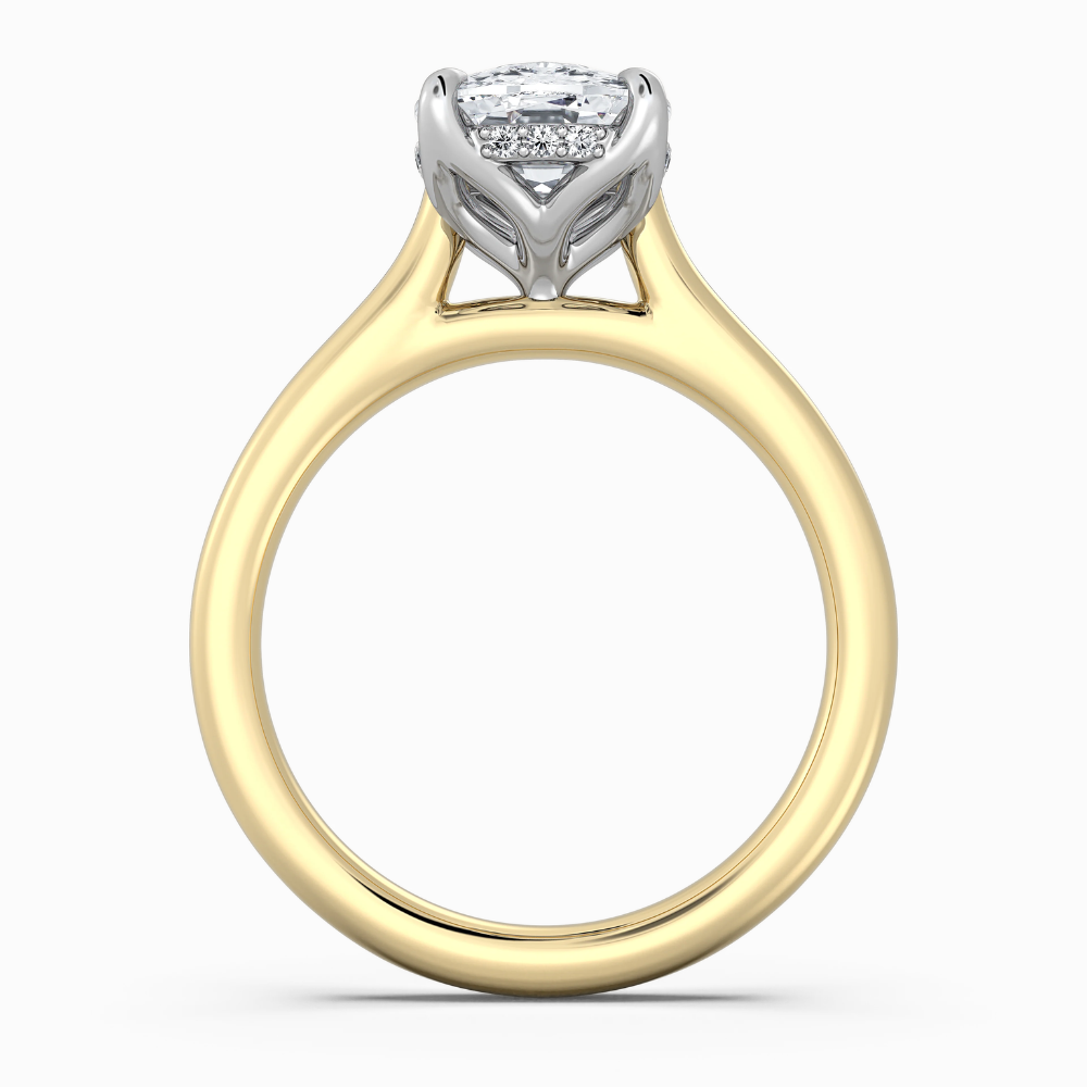 Solitaire Two Tone Tulip Petals Hidden Halo Cathedral Bridge Lab Grown Diamond Engagement Ring in 18K Gold – Cushion