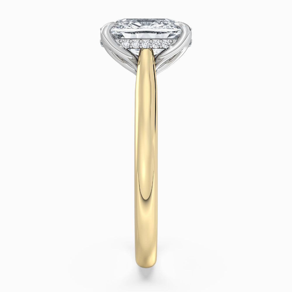 Solitaire Two Tone Tulip Petals Hidden Halo Cathedral Bridge Lab Grown Diamond Engagement Ring in 18K Gold – Cushion