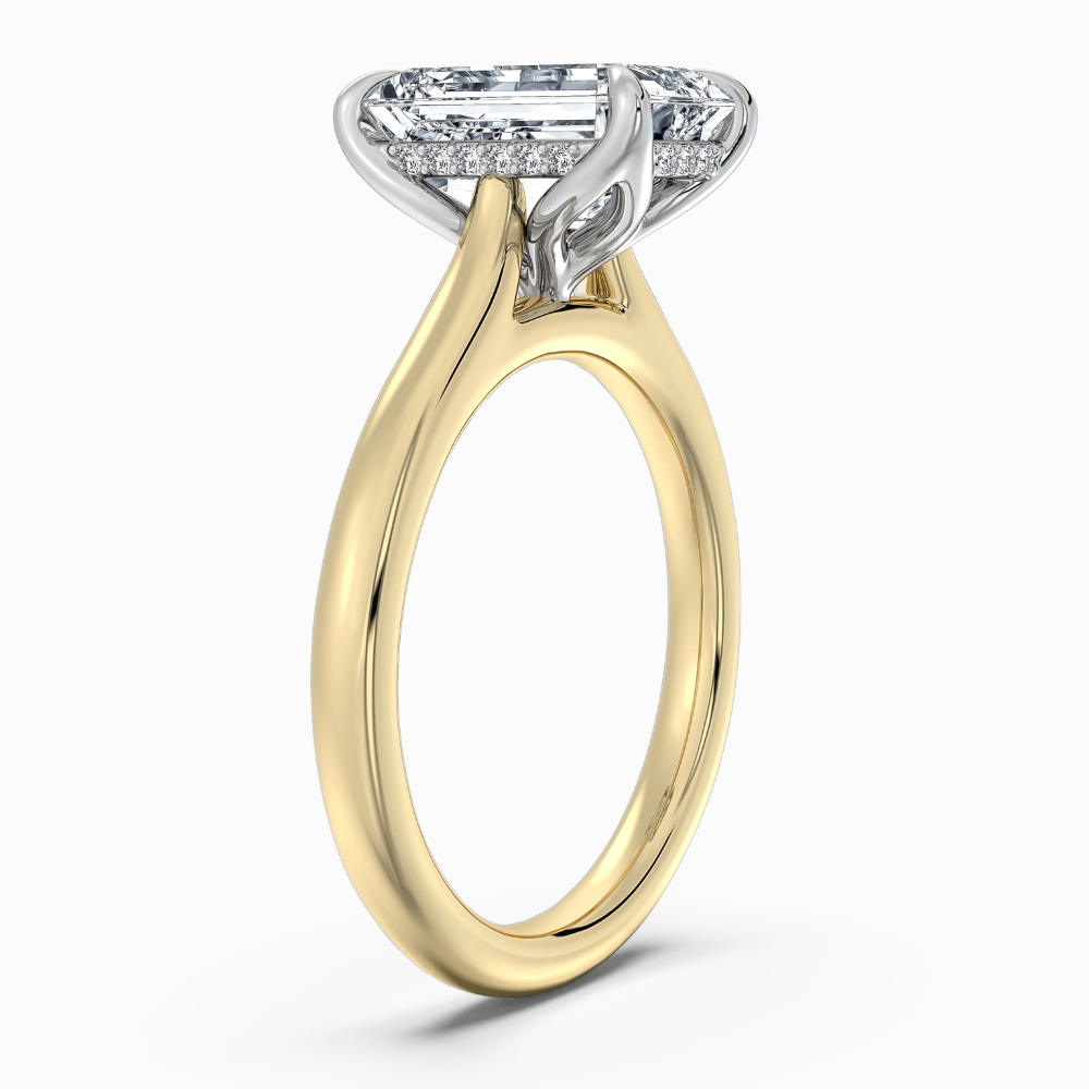 Solitaire Two Tone Tulip Petals Hidden Halo Cathedral Bridge Lab Grown Diamond Engagement Ring in 18K Gold – Emerald