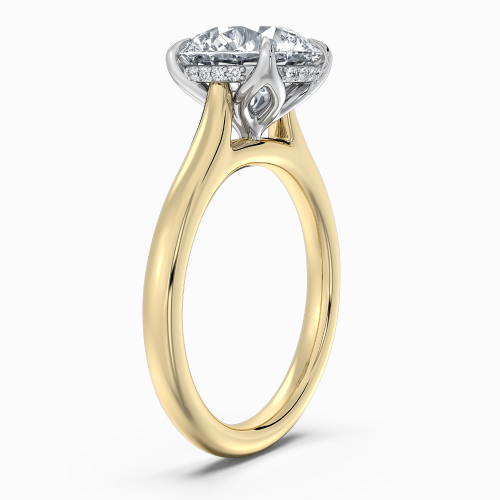 Solitaire Two Tone Tulip Petals Hidden Halo Cathedral Bridge Lab Grown Diamond Engagement Ring in 18K Gold – Round