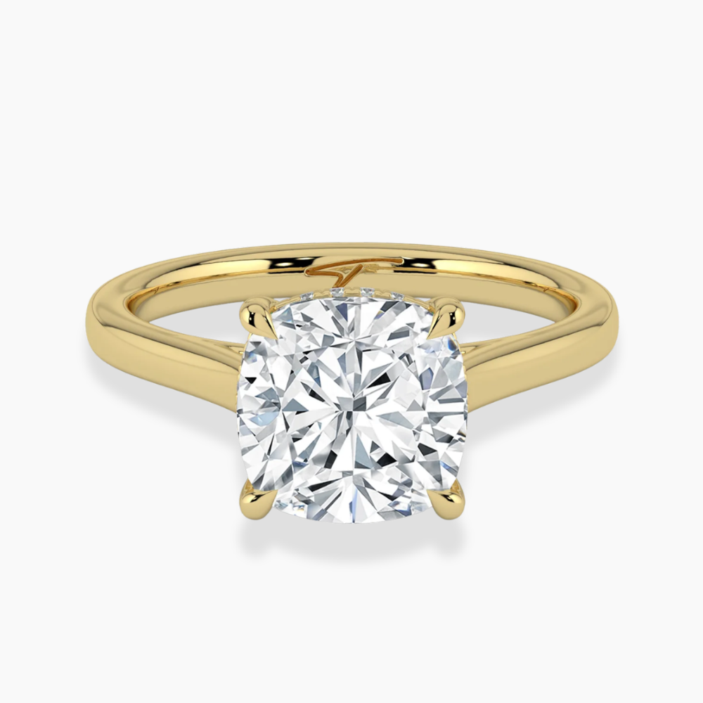 Solitaire Hidden Halo Cathedral Bridge Lab Diamond Engagement Ring in 18K Gold - Cushion