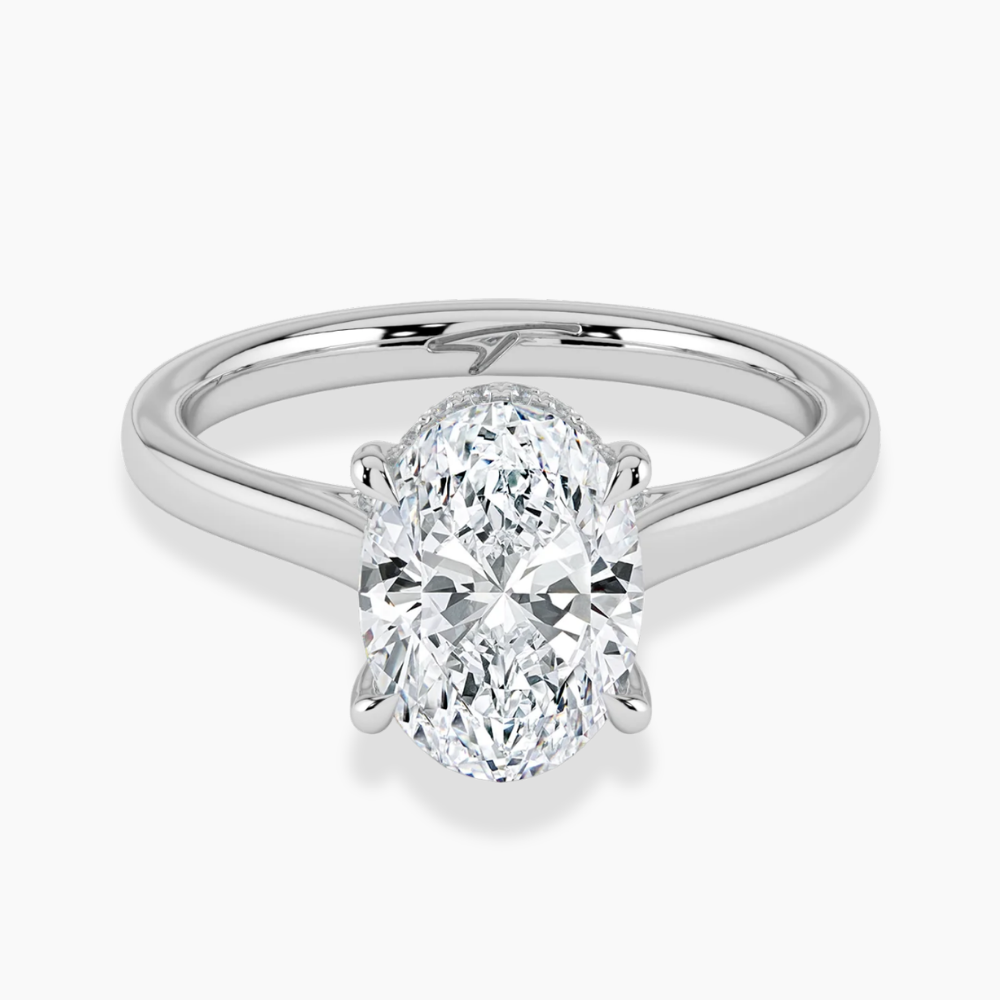 Solitaire Hidden Halo Cathedral Bridge Lab Diamond Engagement Ring in 18K Gold - Oval