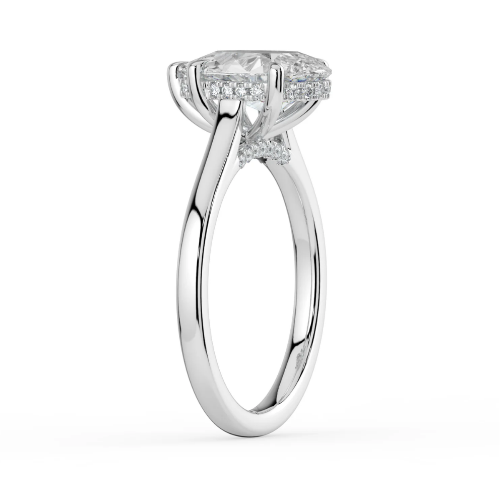 Solitaire Hidden Halo Cathedral Bridge Lab Diamond Engagement Ring in 18K Gold - Pear