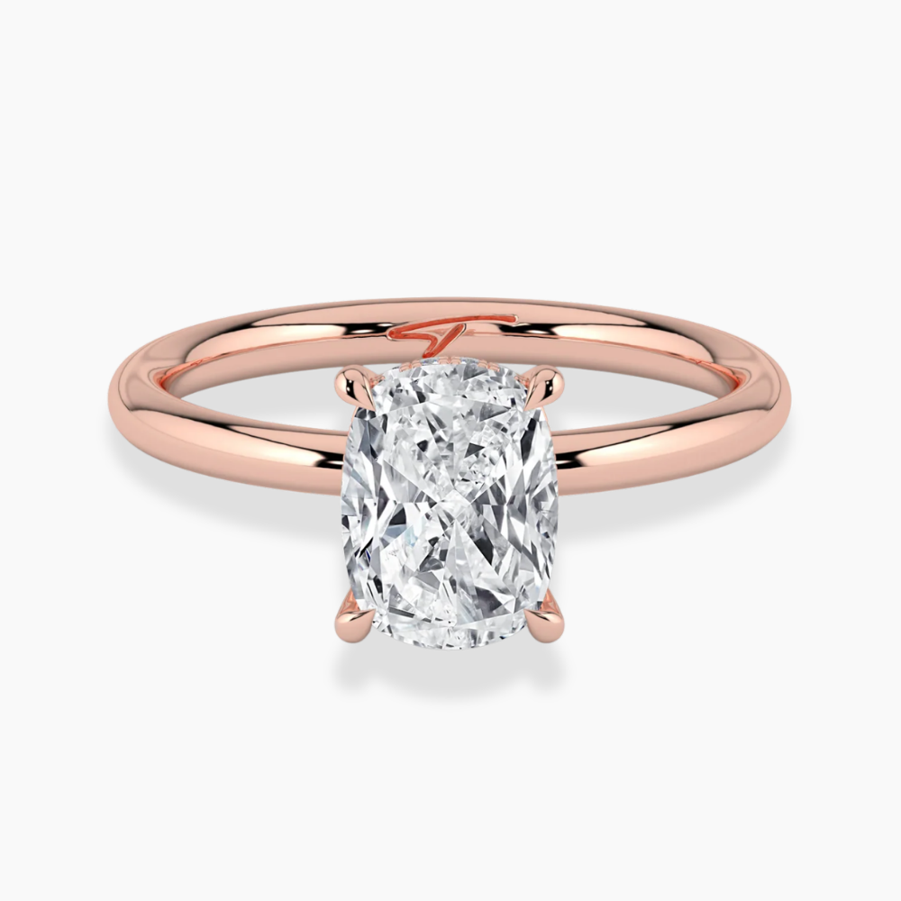 Solitaire Hidden Halo Lab Diamond Engagement Ring in 18K Gold - Elongated Cushion